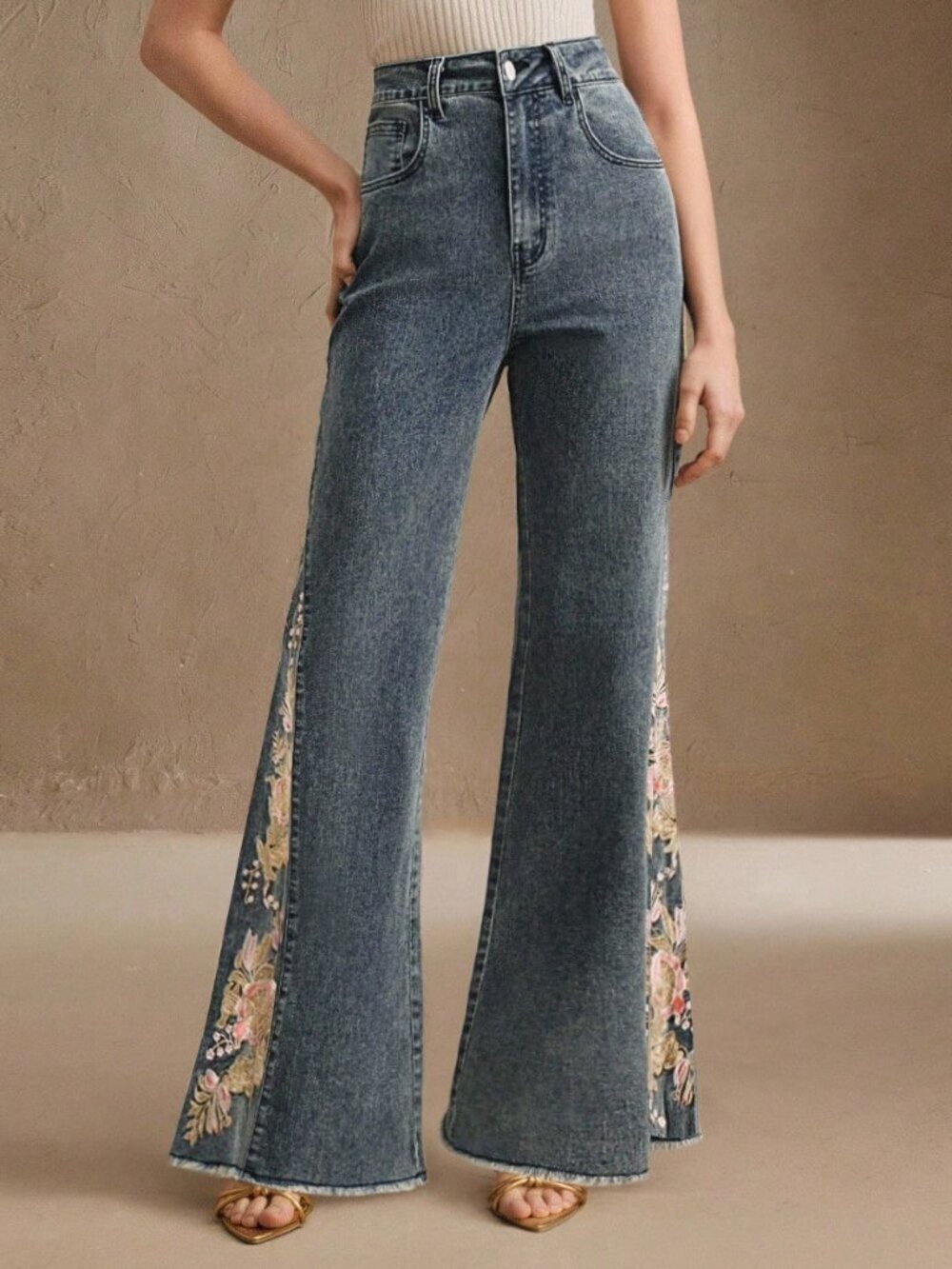 Blue Casual Women's Wash High Waist Wide Leg Denim Jeans